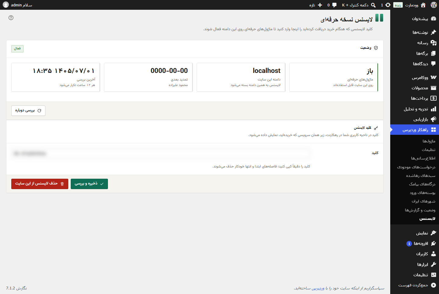 صفحه‌ی لایسنس نسخه‌ی حرفه‌ای، با وضعیت فعال