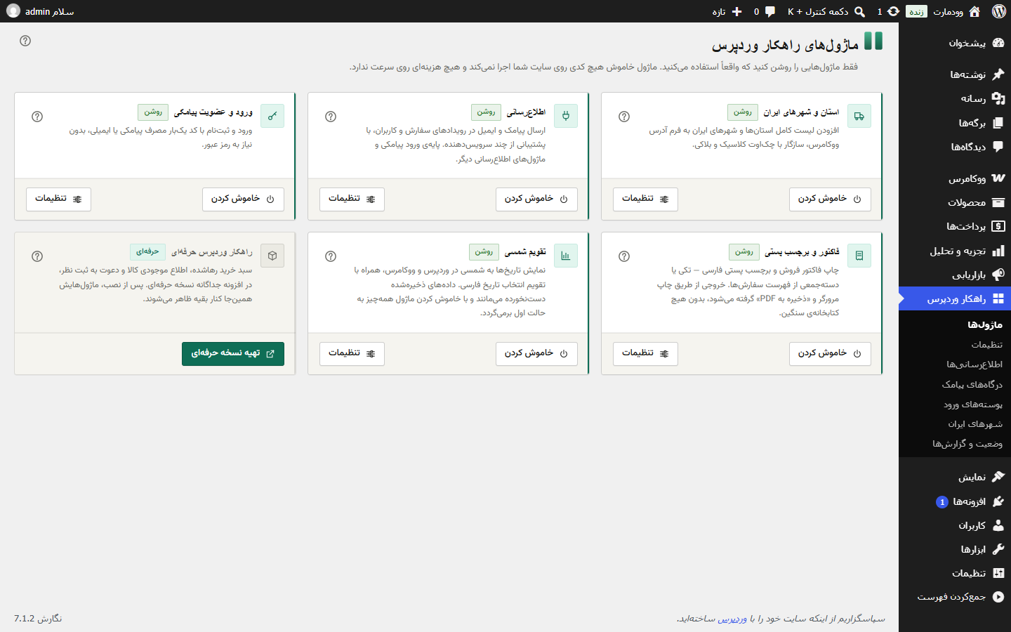 صفحه‌ی ماژول‌های افزونه‌ی راهکار وردپرس با پنج ماژول رایگان روشن و کارت خرید نسخه‌ی حرفه‌ای